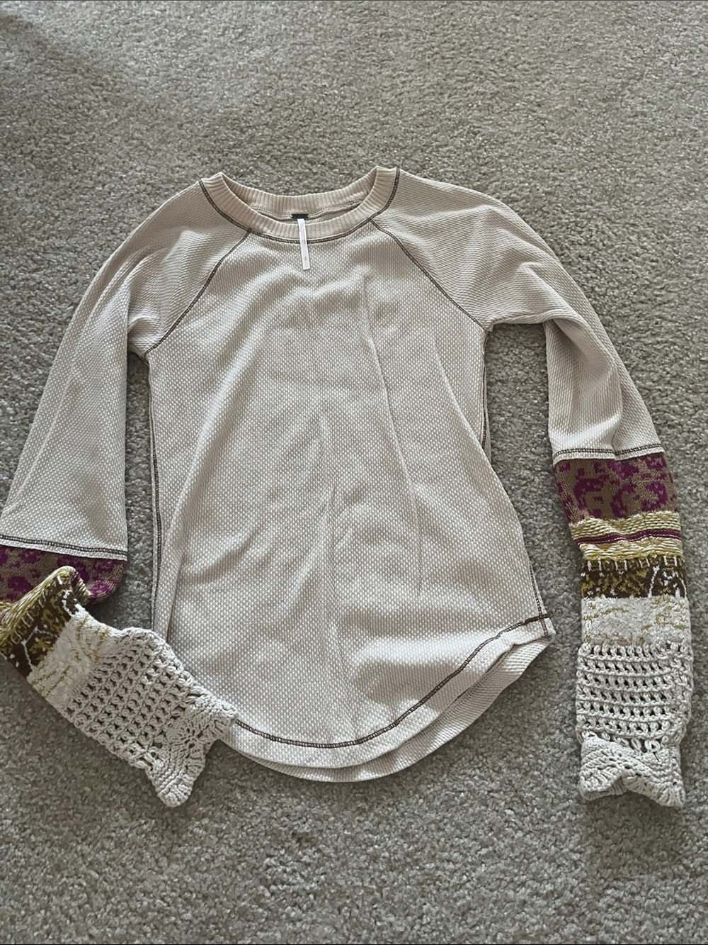 Free People Cream Long Sleeve Top with Crochet and Patterned Cuffs - Picture 4 of 4